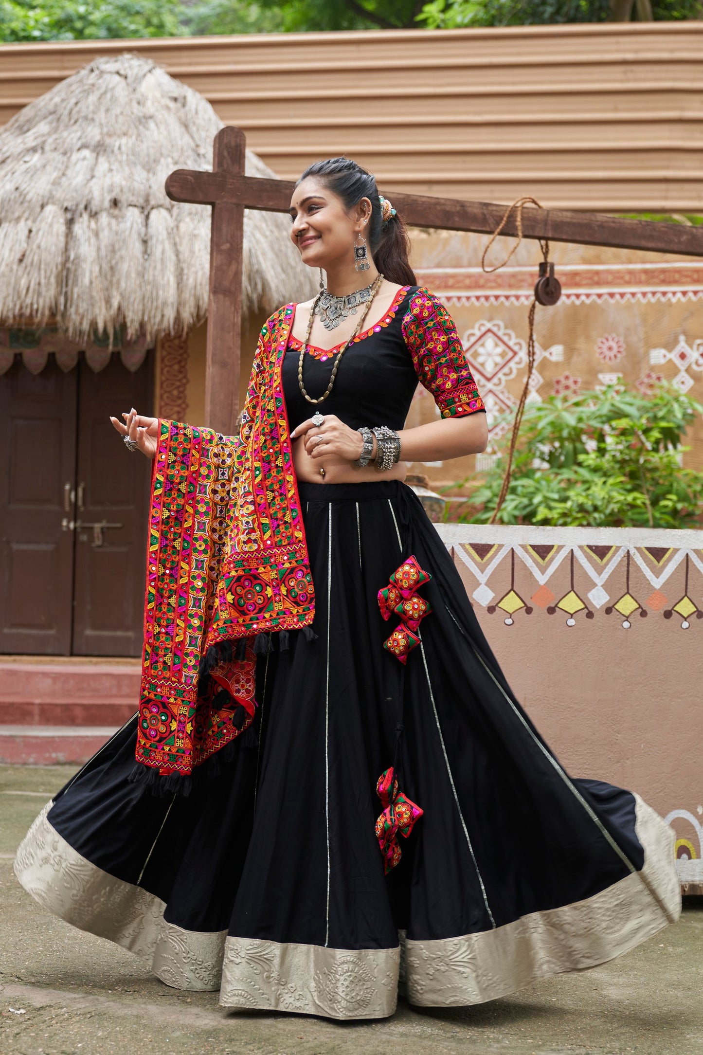 Black Rayon Chaniya Choli For Navratri Garba Festivals 7 Meters Flair - Embroidery Work, Real Mirror Work