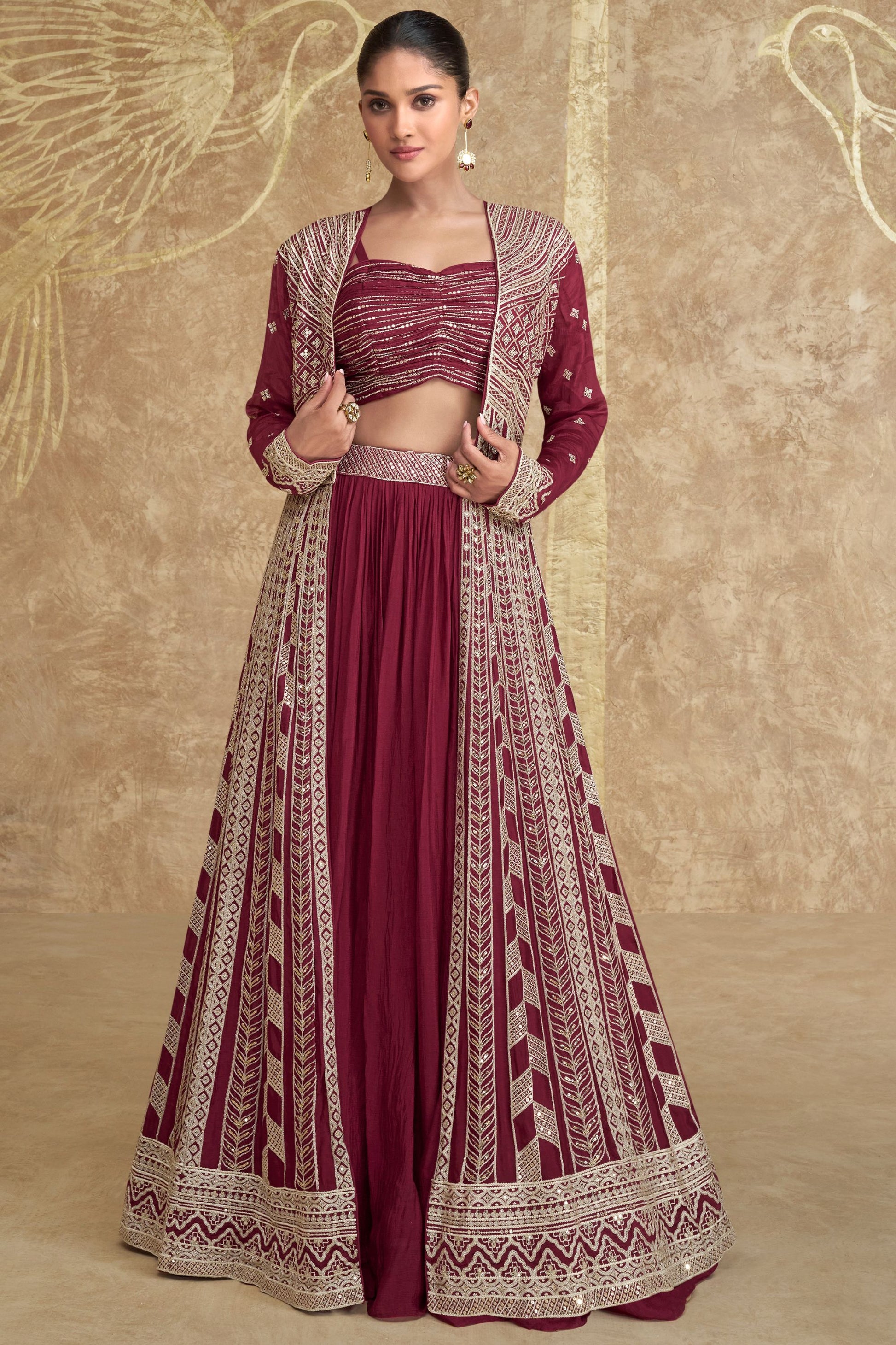 Maroon Chinon Silk Lengha For Indian Festivals & Pakistani Weddings Dress - Embroidery Work