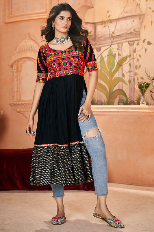 Black Rayon Kurti For Navratri Garba Festivals JEANS NOT INCLUDED - Embroidery Work, Print Work