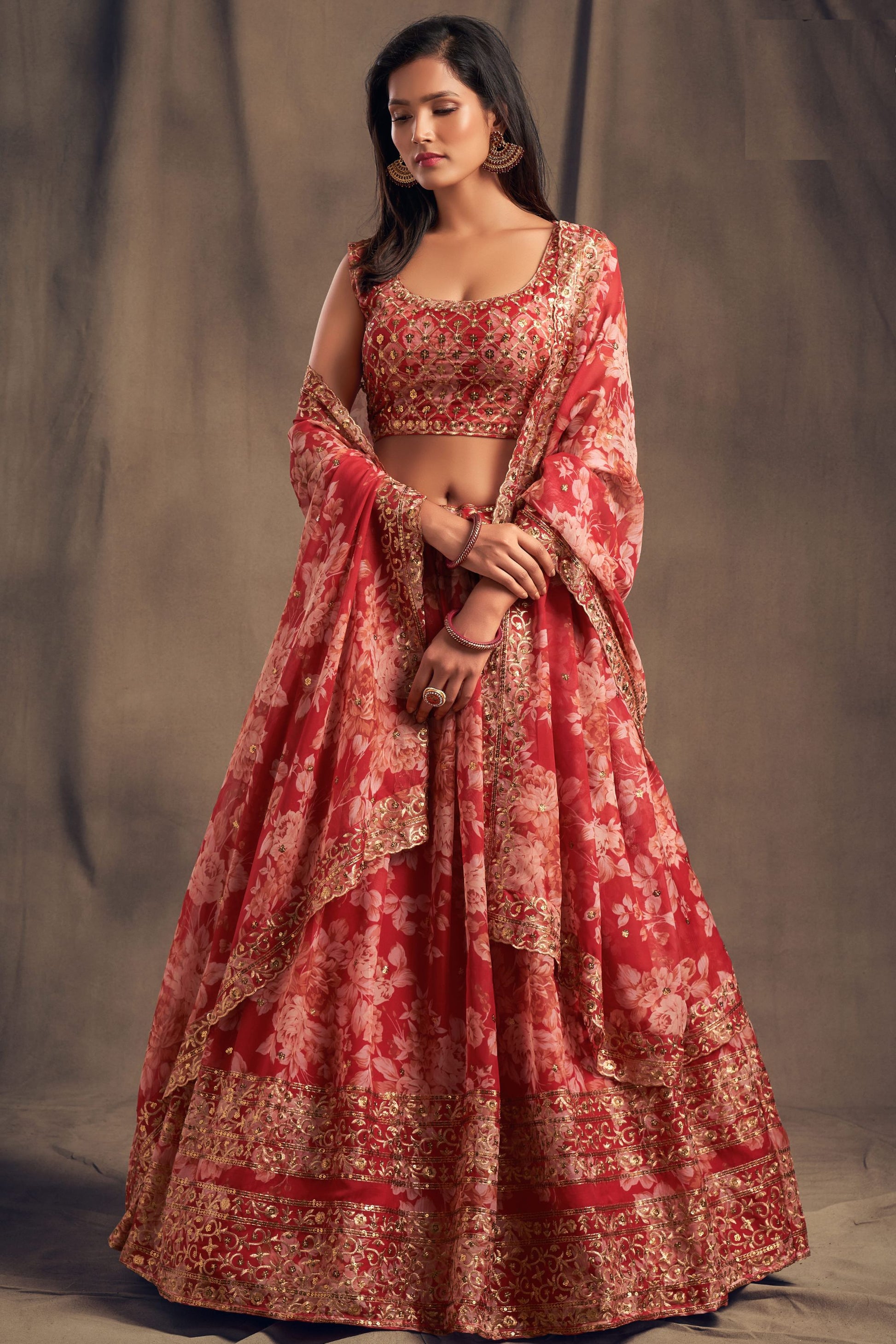 Red Organza Lehenga Choli For Indian Festival & Weddings - Embroidery Work, Print Work