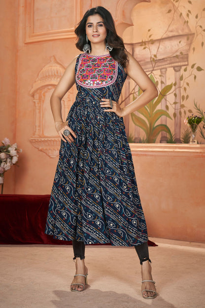 Navy Blue Rayon Kurti For Navratri Garba Festivals JEANS NOT INCLUDED - Embroidery Work, Print Work