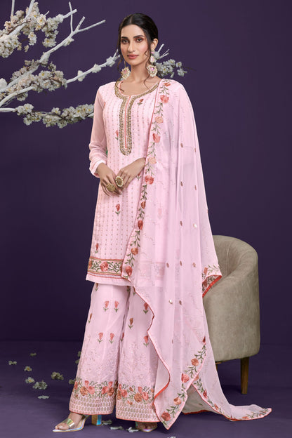 Pink Georgette Sharara For Indian Festivals & Weddings - Thread Embroidery Work, Zari Work, Khatli Work, Sequence Embroidery Work