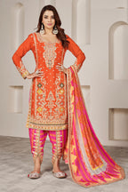 Orange Chinon Silk Salwar Kameez with Dhoti Tulip for Indian Festival & Pakistani Wedding - Sequence Embroidery Work, Dori Work, Print Work, Mirror Work