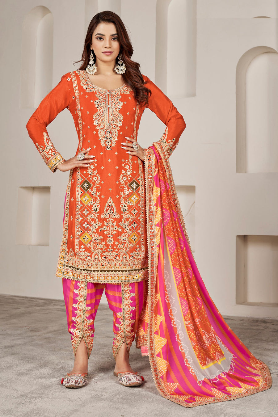Orange Chinon Silk Salwar Kameez with Dhoti Tulip for Indian Festival & Pakistani Wedding - Sequence Embroidery Work, Dori Work, Print Work, Mirror Work