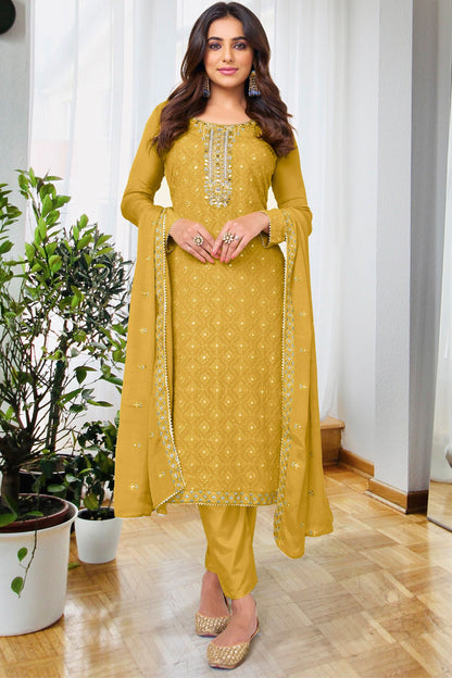 Golden Yellow Chinon & Georgette Silk Kameez with Pant For Indian Suit Festivals & Pakistani Weddings - Embroidery Work