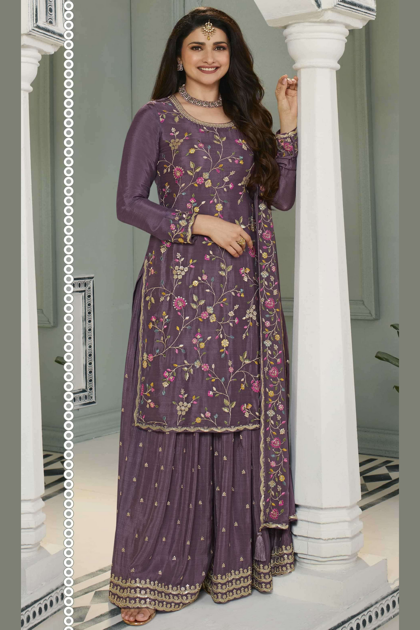 Wine Chinon Silk Floral Plazo Suit For Indian Festivals & Pakistani Weddings Dress - Embroidery Work