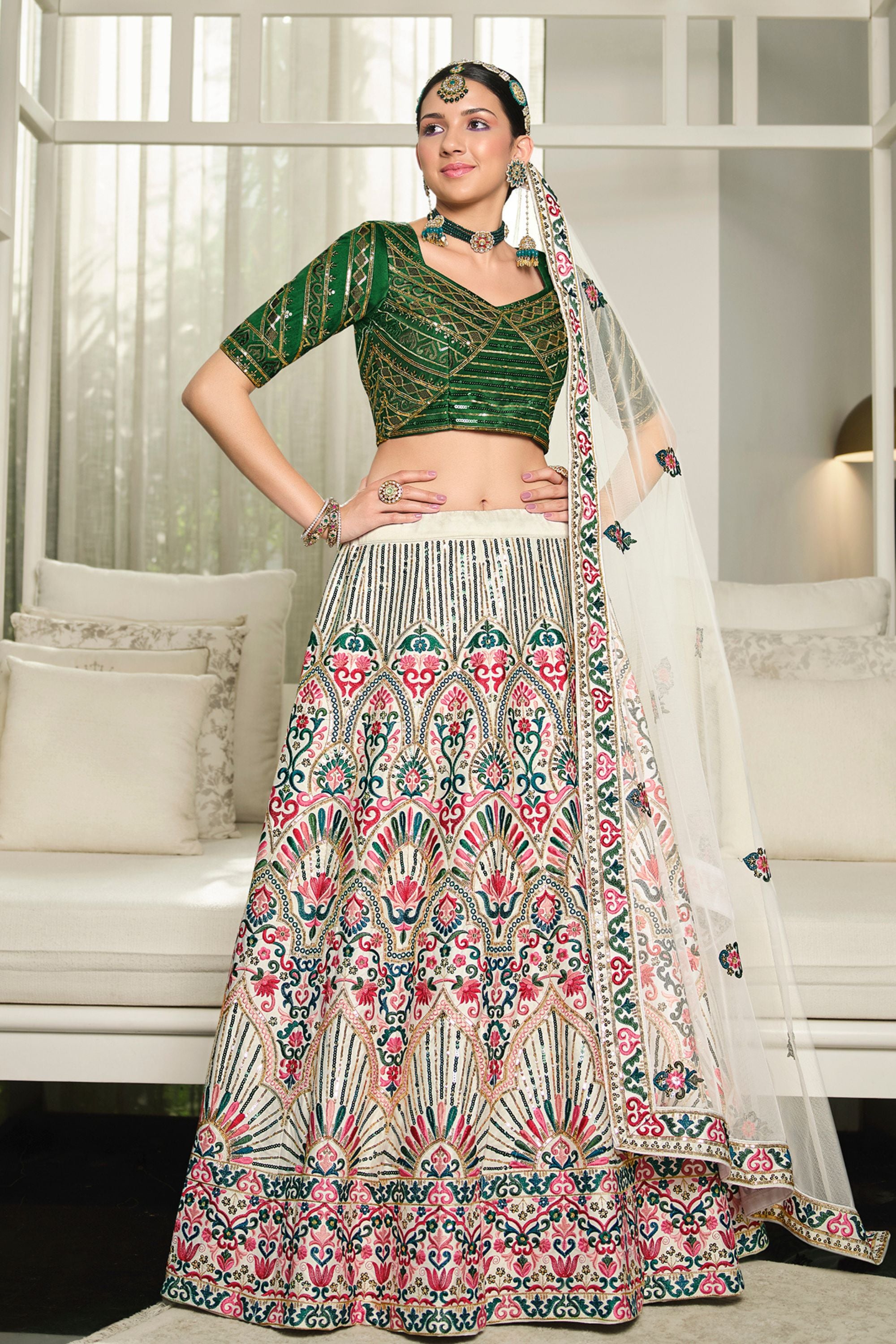 SHUBHKALA Green & Gold-Toned Embroidered Sequinned Semi-Stitched Lehenga &  Unstitched Blouse With Dupatta Price in India, Full Specifications & Offers  | DTashion.com