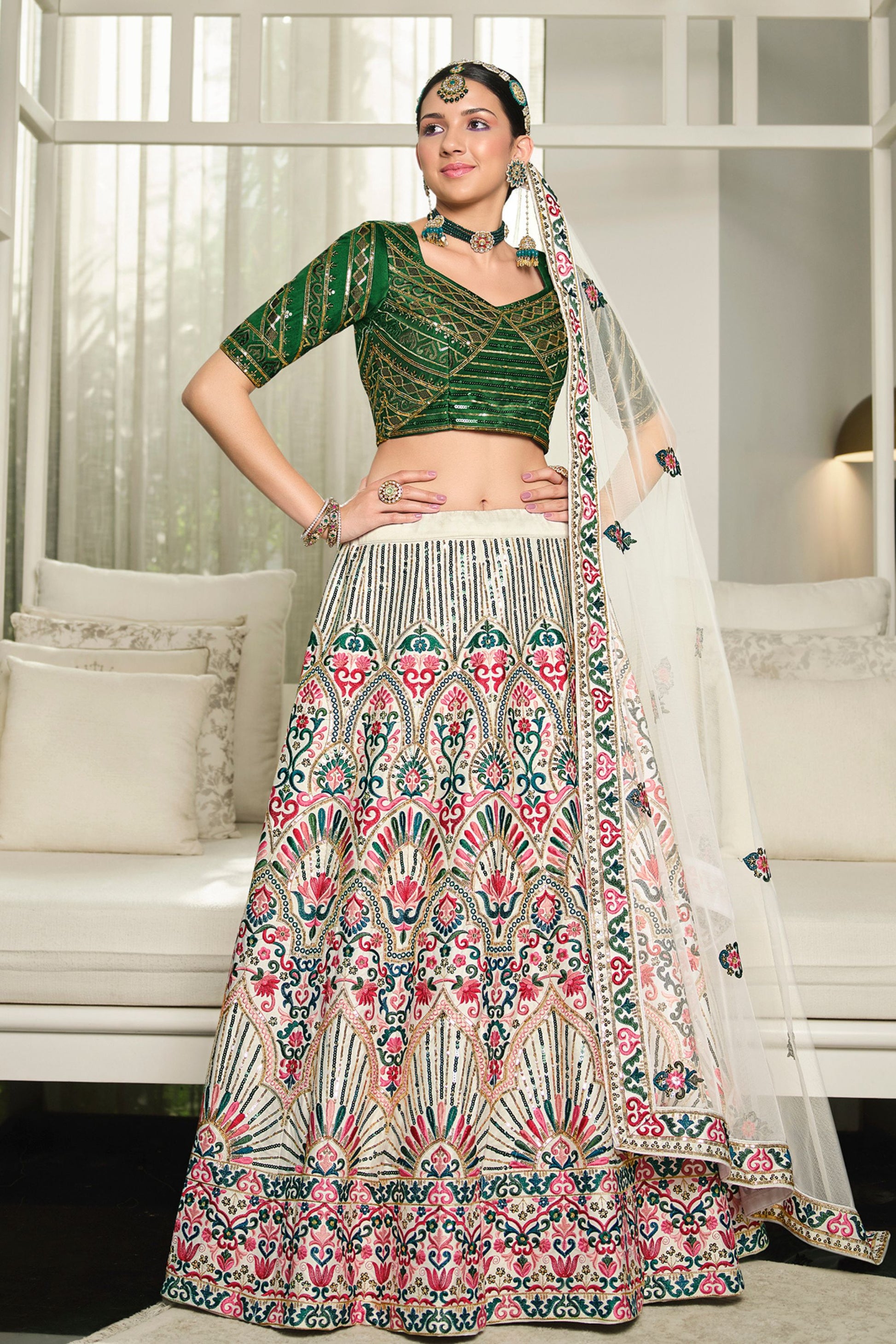 White Silk Lehenga Choli For Indian Weddings & Festivals - Thread Work, Sequence Embroidery Work