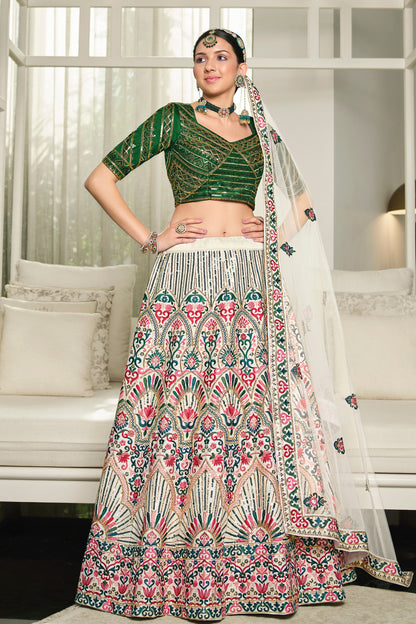 White Silk Lehenga Choli For Indian Weddings & Festivals - Thread Work, Sequence Embroidery Work