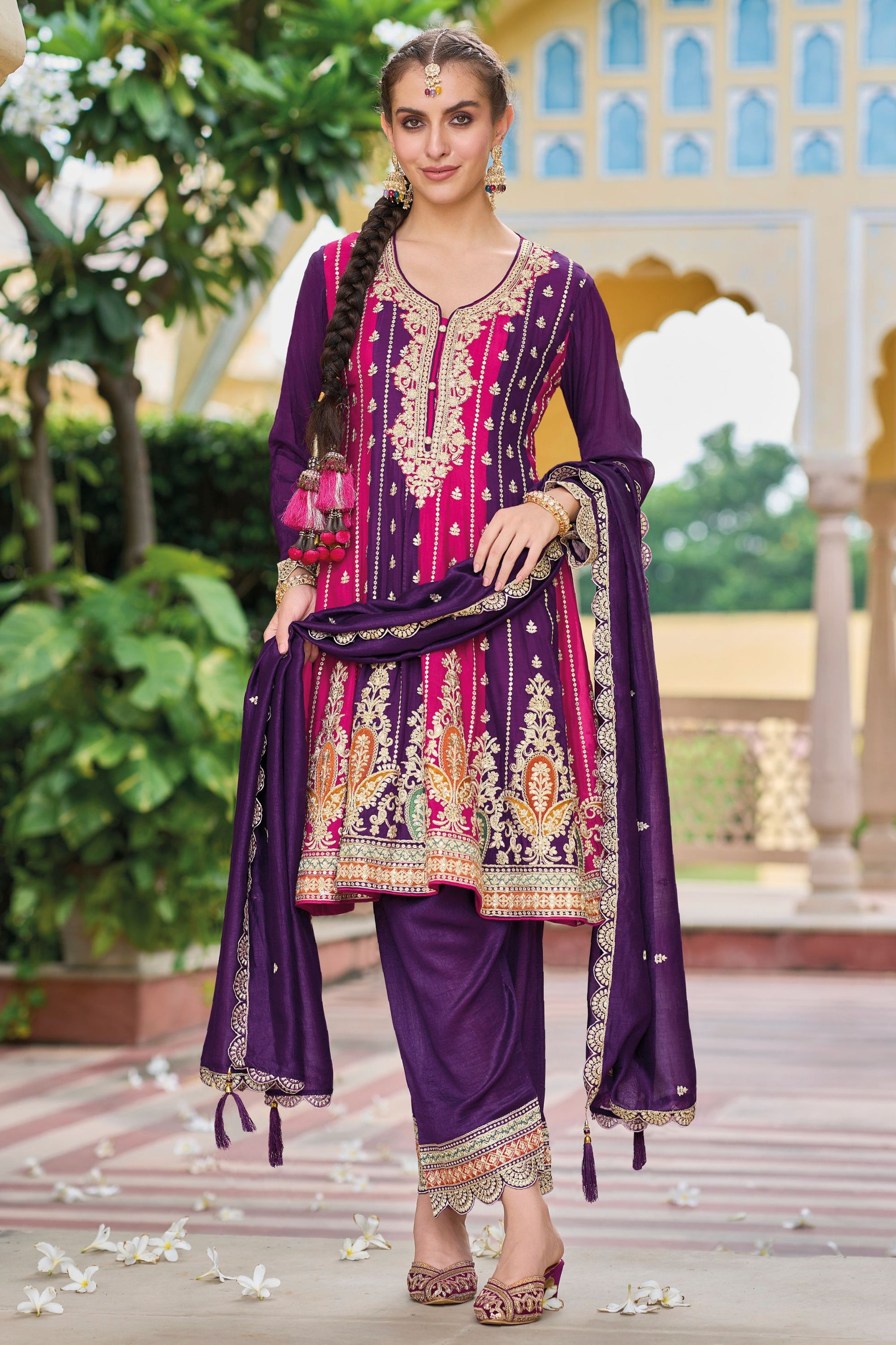 Purple Pink Silk Salwar Kameez with Pant For Indian Festivals & Weddings - Embroidery Work