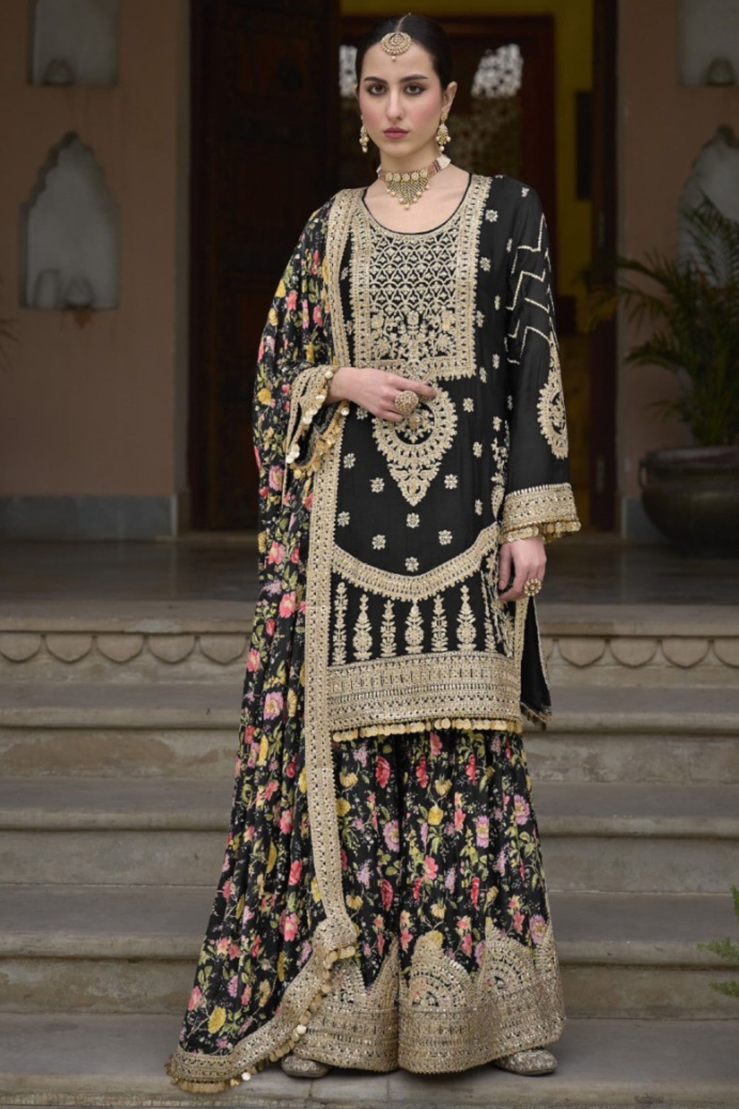 Black Chinon Silk Kameez with Plazzo And Dupatta For Indian Suit Festivals & Pakistani Weddings - Embroidery Work