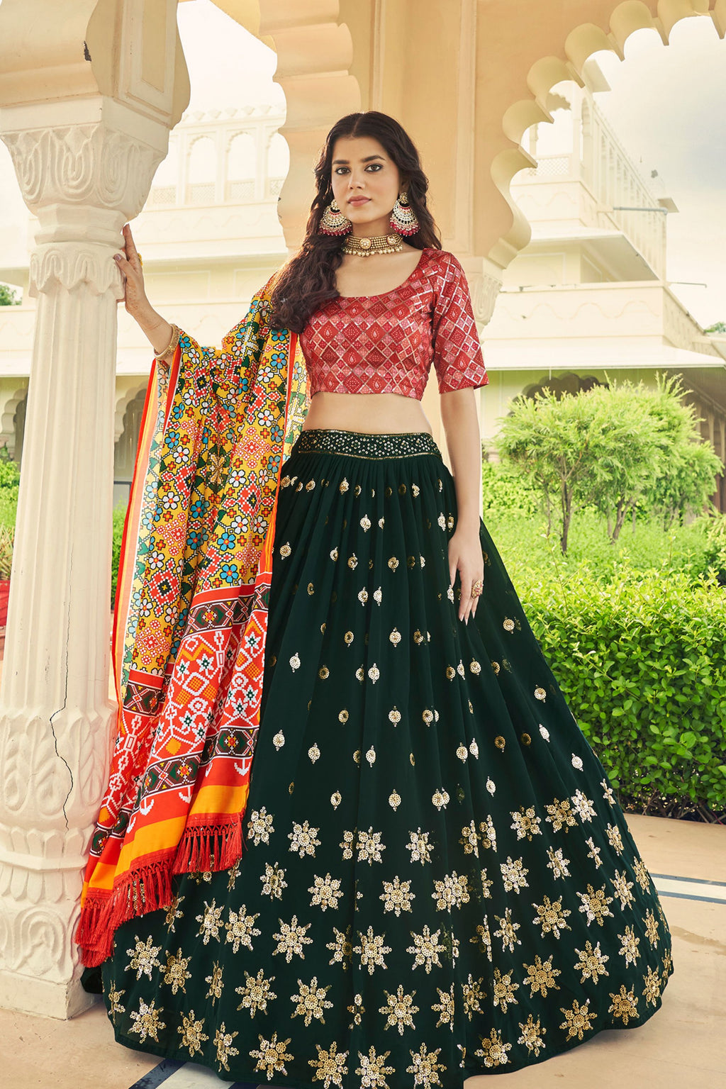 Green Georgette Lehenga Choli For Indian Weddings & Festivals - Thread Work, Sequence Embroidery Work