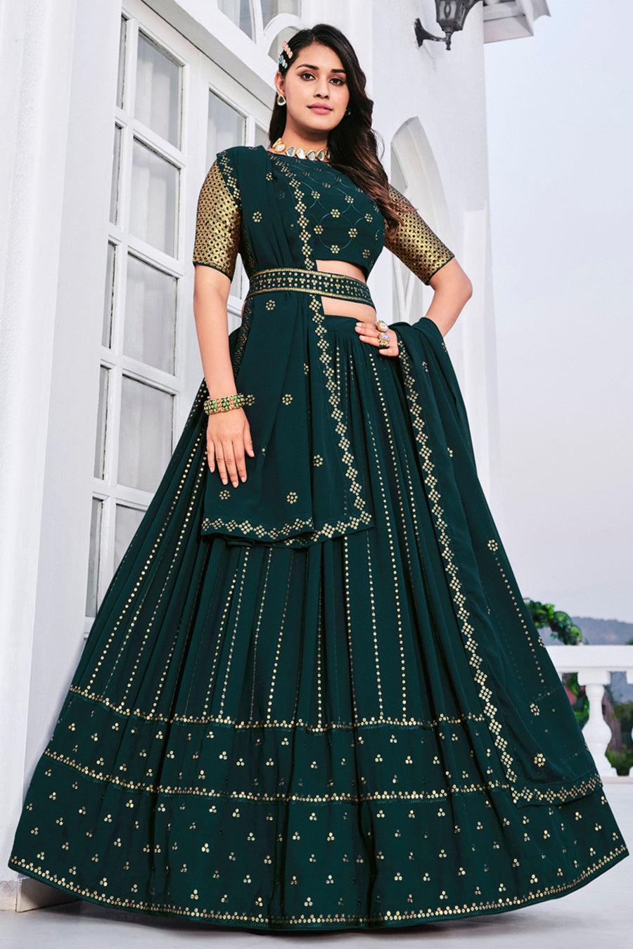 Teal Georgette Lehenga Choli Set For Indian Festivals & Weddings - Sequence Work & Thread Embroidery Work