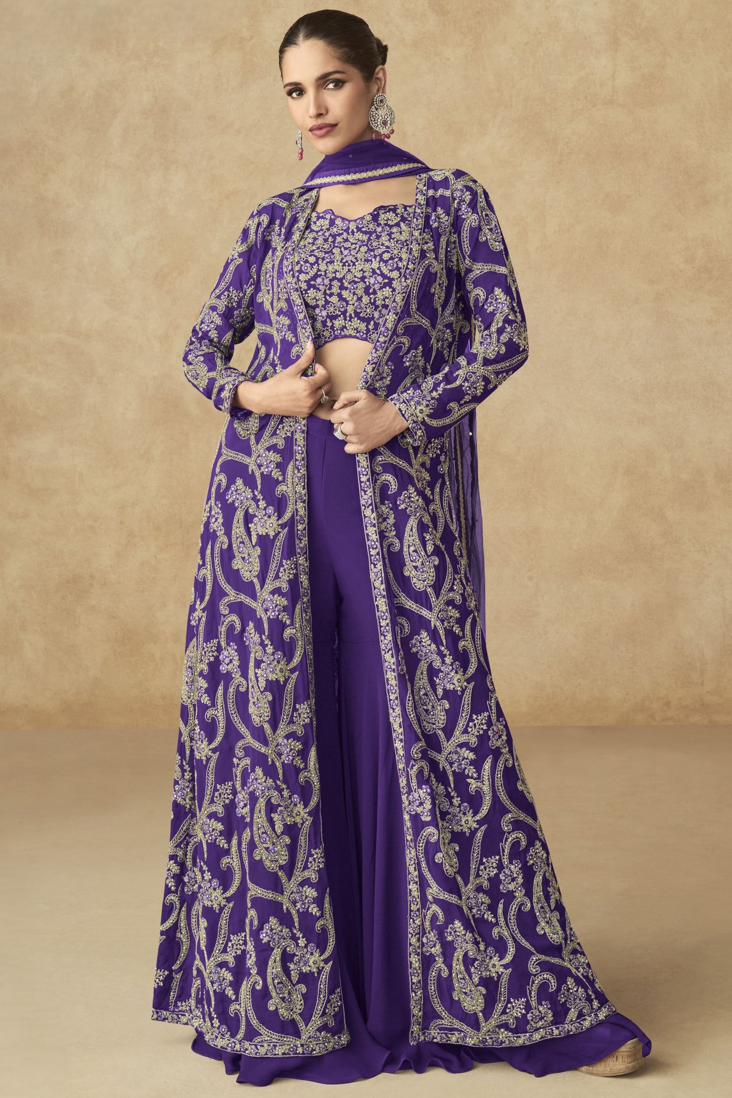 Purple Georgette Palazzo with Choli & Jacket For Wedding & Indian Festival - Embroidery Work