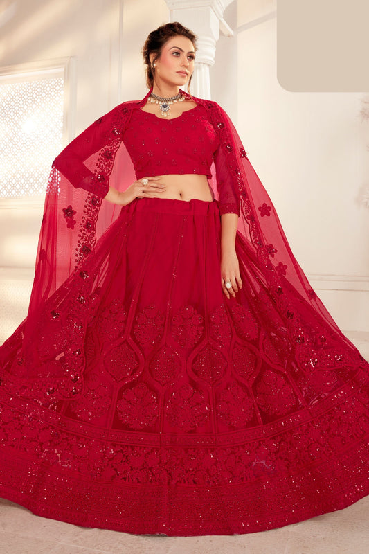 Red Pakistani Net Lehenga Choli For Indian Festivals & Weddings - Thread Embroidery Work, Zarkan Work