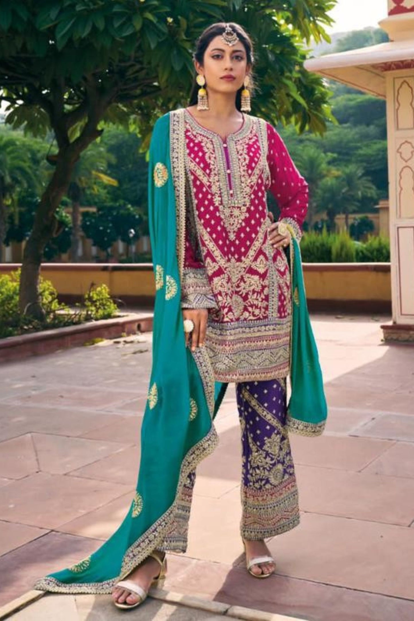 Pink Chinon Silk Salwar Kameez Suit For Indian Festivals & Weddings - Embroidery Work