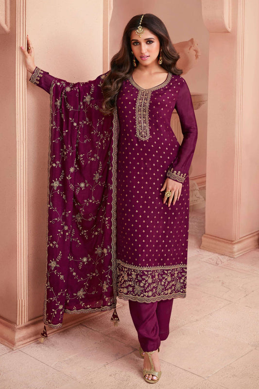 Maroon Silk Salwar Kameez Suit For Indian Festivals & Pakistani Weddings Dress - Thread Embroidery Work