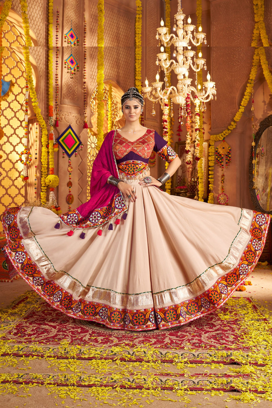 Beige Viscose Rayon Chaniya Choli For Navratri Garba Indian Festivals 9 Meter Flair - Embroidery Work, Real Mirror Work, Print Work