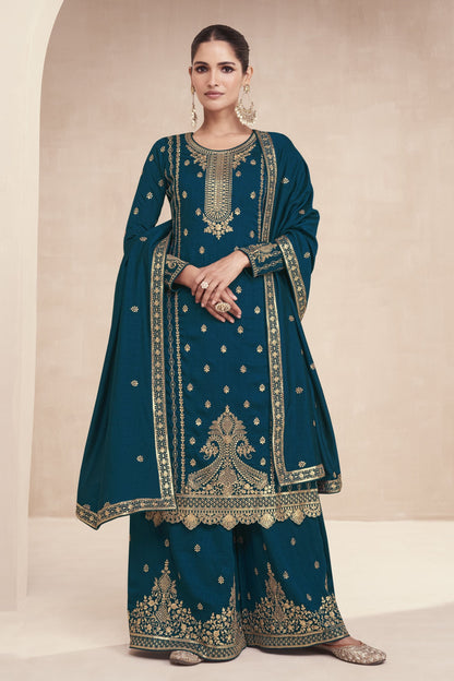 Teal Silk Plazo Kameez Suit For Indian Wedding & Pakitani Festival - Embroidery Work