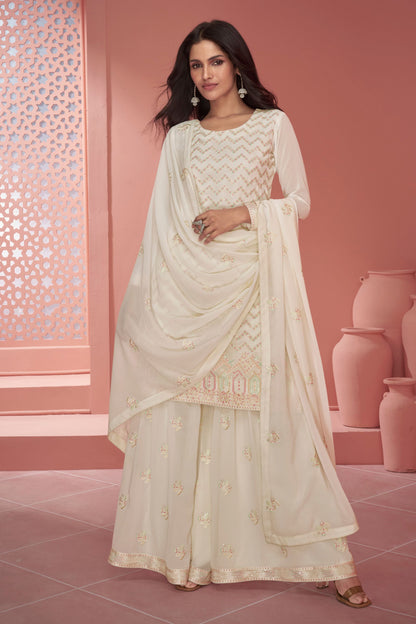 Cream Georgette Plazo Suit For Indian Festivals & Weddings - Thread Embroidery Work