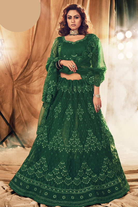 Green Pakistani Net Lehenga Choli For Indian Festivals & Weddings - Thread Embroidery Work,