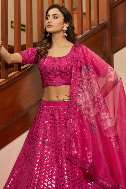 Pink Pakistani Art Silk Lehenga Choli For Indian Festivals & Weddings - Print Work, Sequence Embroidery Work, Thread Embroidery Work,