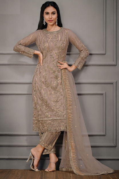 Light Brown Net Kameez with Pant For Indian Suit Festivals & Pakistani Weddings - Embroidery Work