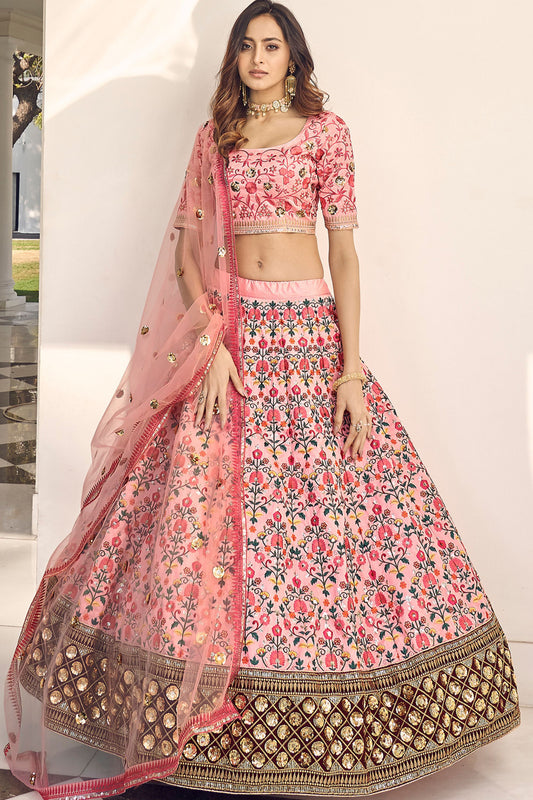 Pink Pakistani Art Silk Lehenga Choli For Indian Festivals & Weddings - Sequence Embroidery Work, Thread Embroidery Work,