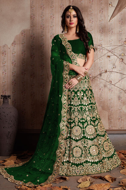 Green Velvet Silk Lehenga Choli For Indian Festival & Weddings - Sequence Embroidery Work, Mirror Work, Zari Work