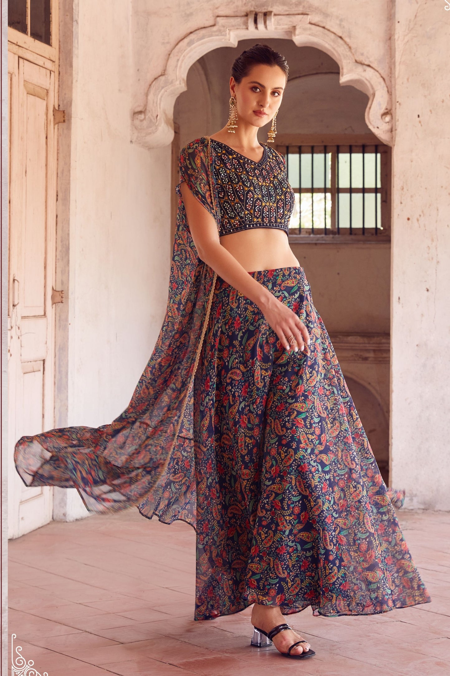 Blue Georgette Sharara Choli For Indian Festivals & Weddings - Thread Embroidery Work, Hand Embellishment, Mirror Work