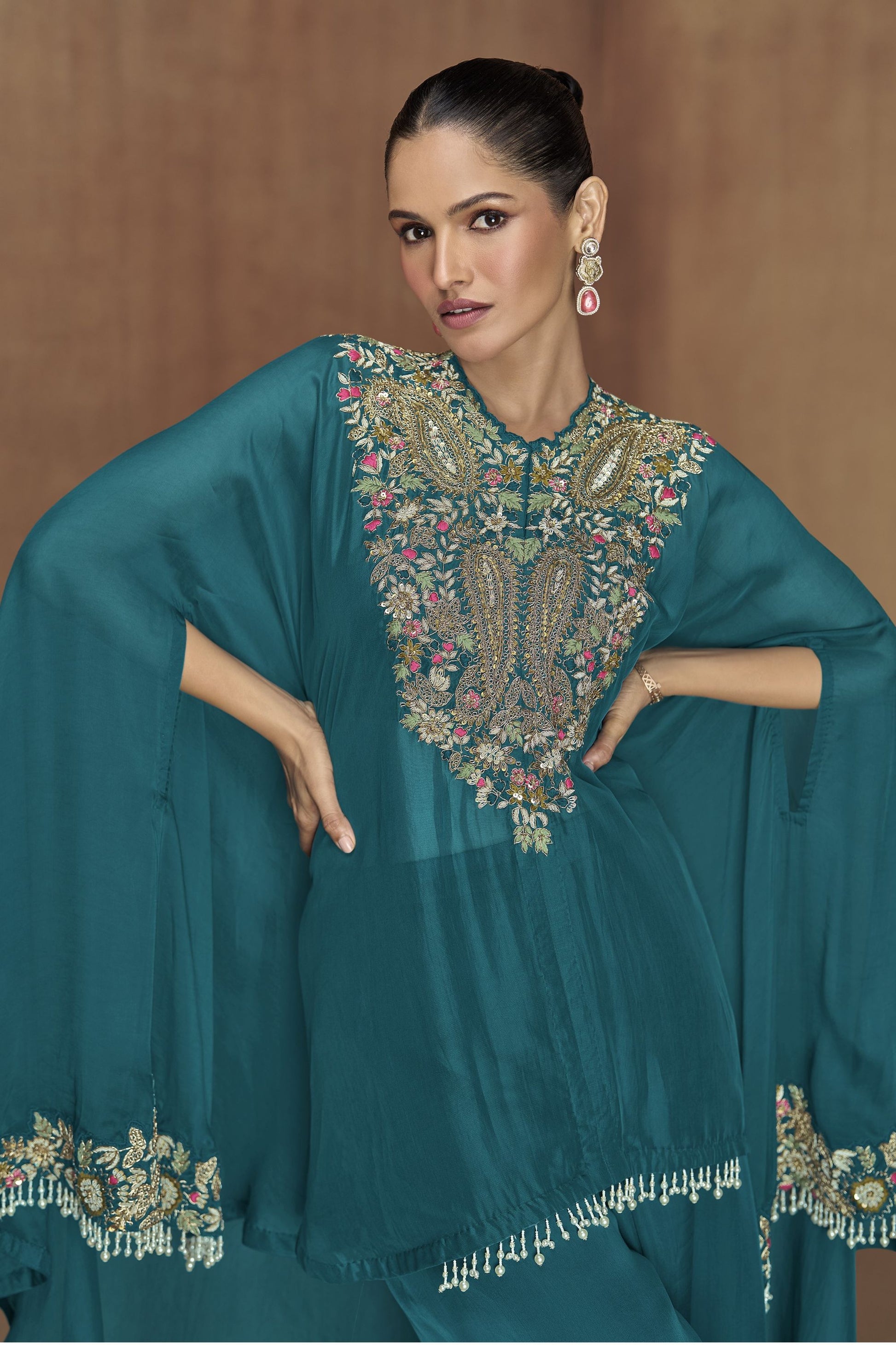 Teal Silk Kaftan Plazo Suit For Indian Weddings & Pakitani Festival - Embroidery Work