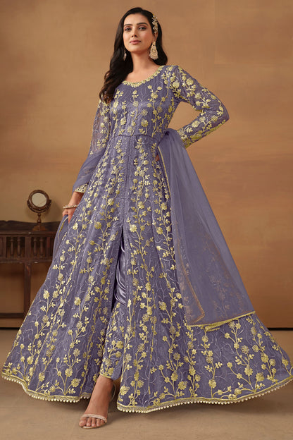 Purple Net Full Length Anarkali Dress with Front Slit For Indian Festivals & Weddings - Thread & Sequence Embroidery Work