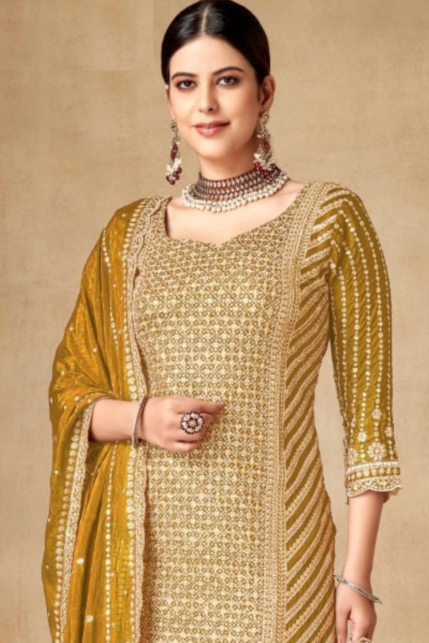 Mustard Chinon Silk Sharara Suits Dress for Indian Festival & Pakistani Wedding - Sequence Embroidery Work, Zari Work