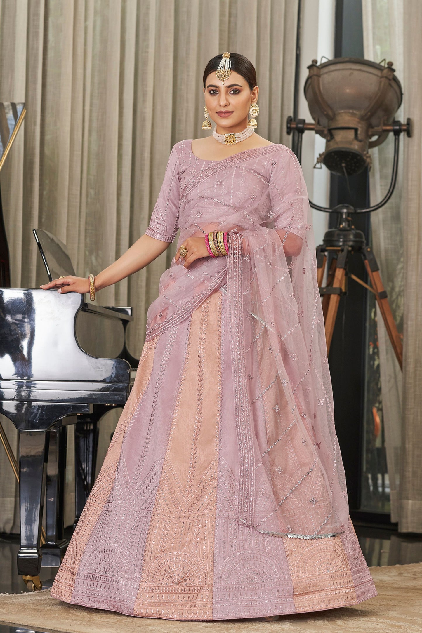 Pink Art Silk Lehenga Choli For Indian Weddings & Festivals - Thread Work, Sequence Embroidery Work