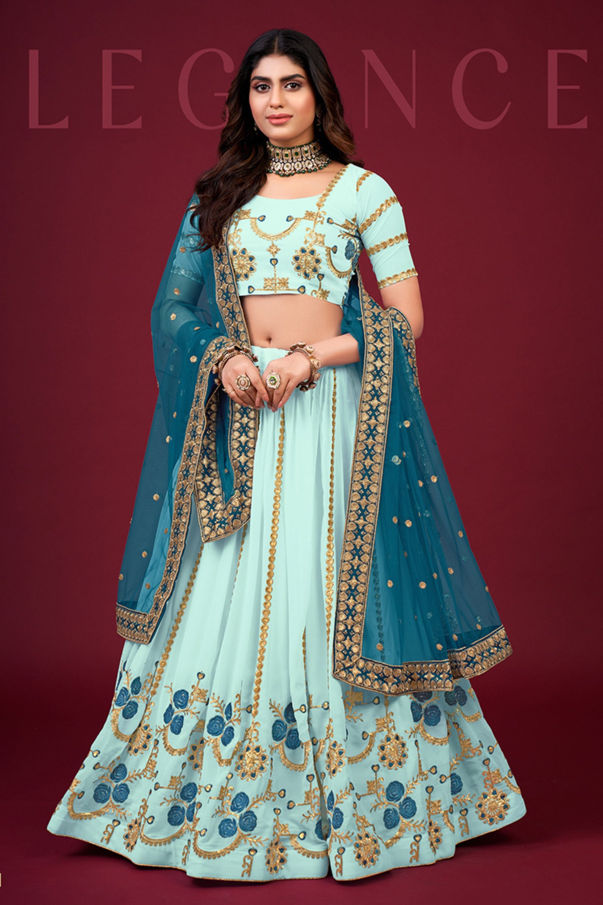 Sky Blue Pakistani Georgette Lehenga Choli For Indian Festivals & Weddings - Sequence Embroidery Work, Thread Embroidery Work, Zari Work