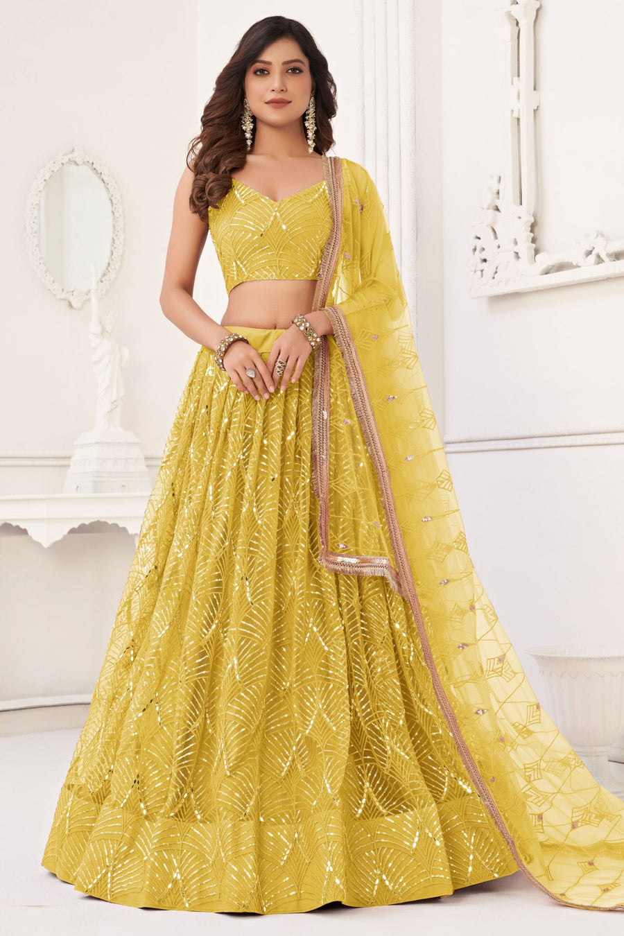 Yellow Net Embroidered Lehenga Choli For Indian Festival & Weddings - Embroidery Work