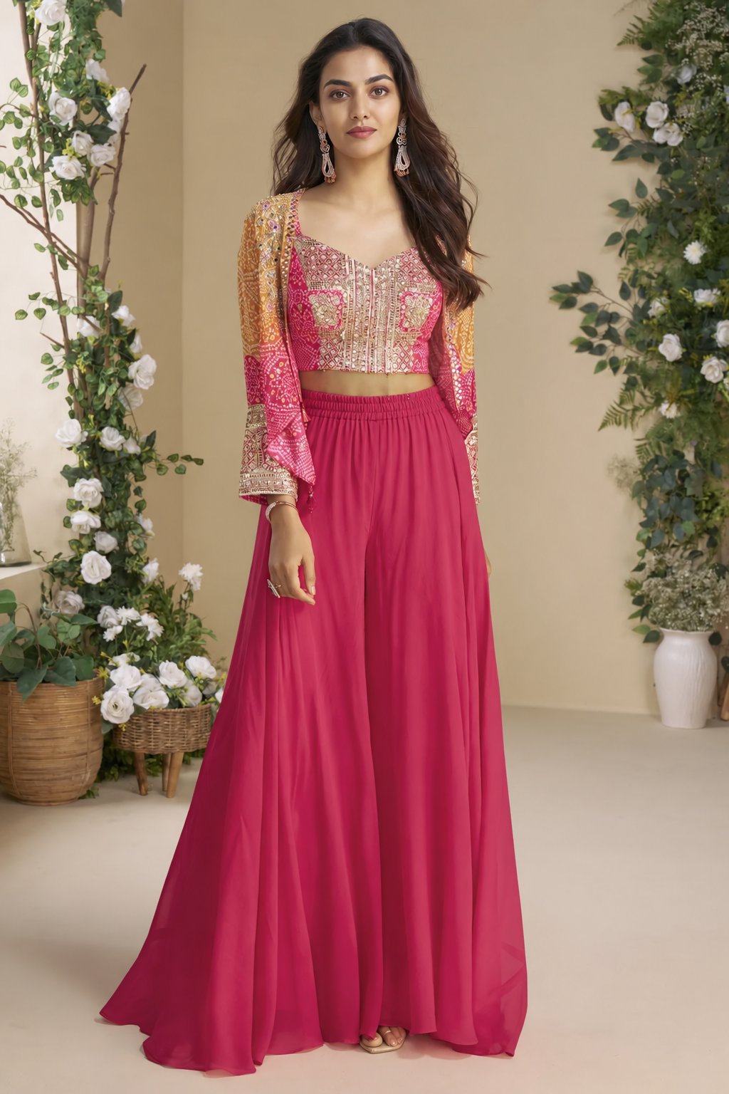 Pink Chinon Silk Palazzo Choli With Jacket For Indian & Pakistani Wedding Festival - Thread & Sequins Embroidery Work, Print Work