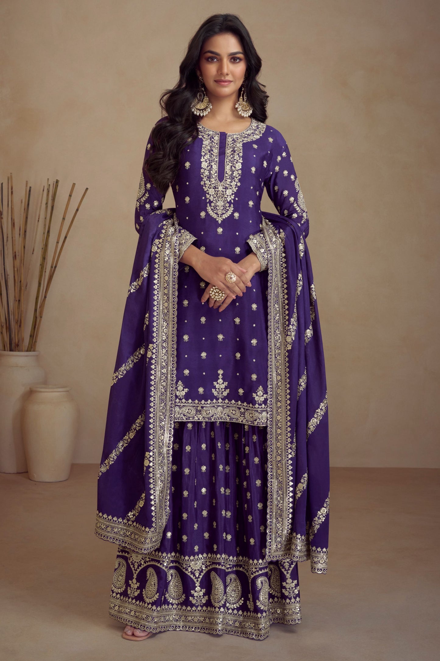 Affair Purple Chinon Silk Palazzo Suit For Indian Weddings & Pakitani Festival - Embroidery Work