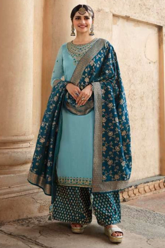 Turquoise Georgette Silk Plus Size Upto 9XL Size Kameez and Palazzo Suit For Indian Wedding & Festival - Embroidery Work