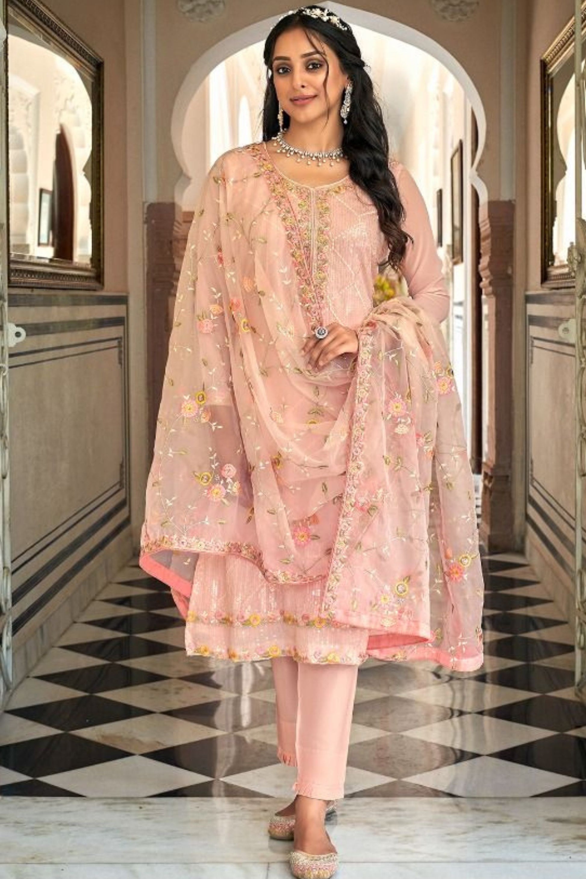 Light Peach Georgette with Chinon Silk Kameez with Pant For Indian Suit Festivals & Pakistani Weddings - Embroidery Work