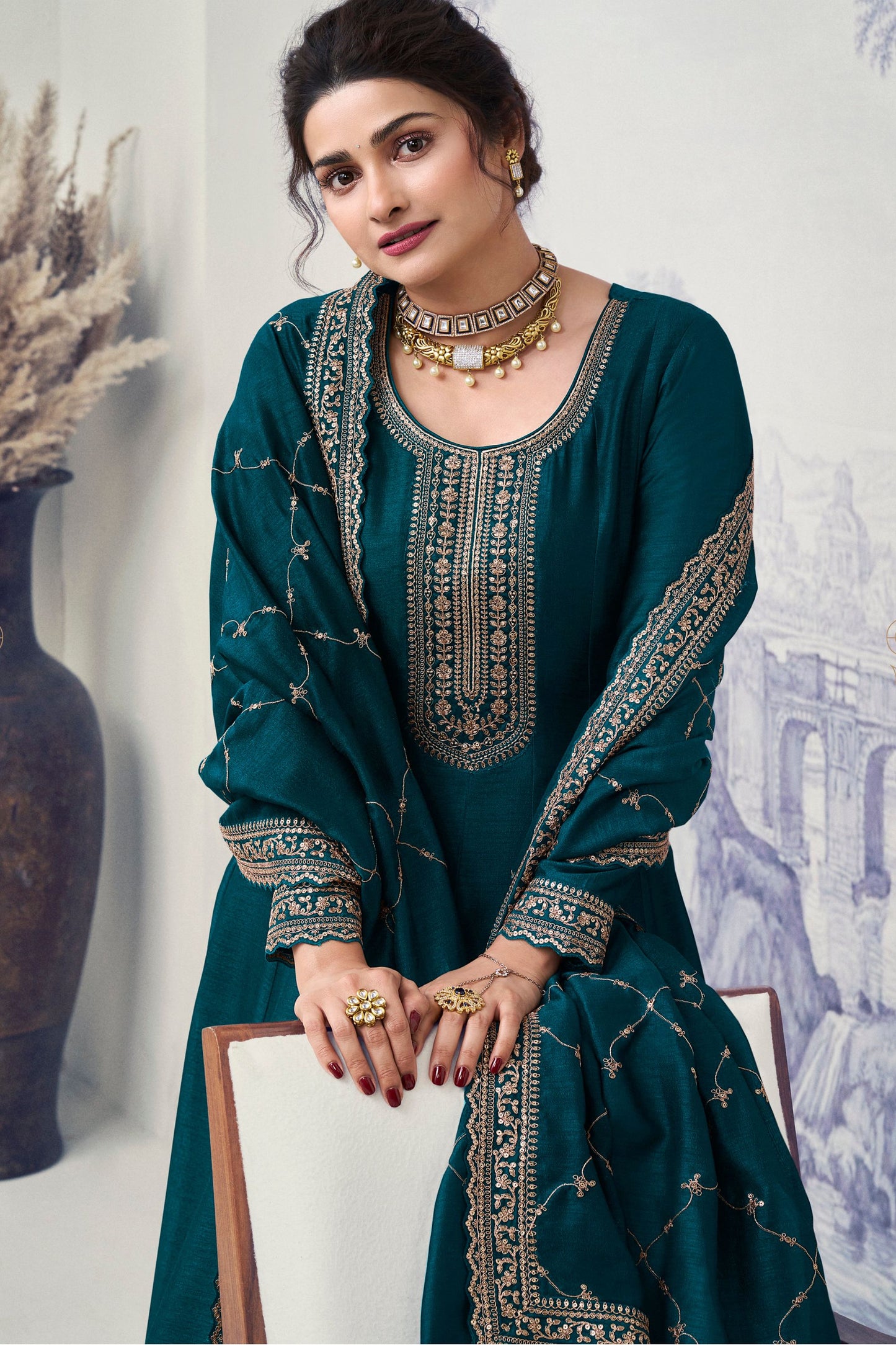 Teal Georgette Silk Floor Length Long Anarkali Suit For Indian Festivals & Pakistani Weddings Dress - Embroidery Work