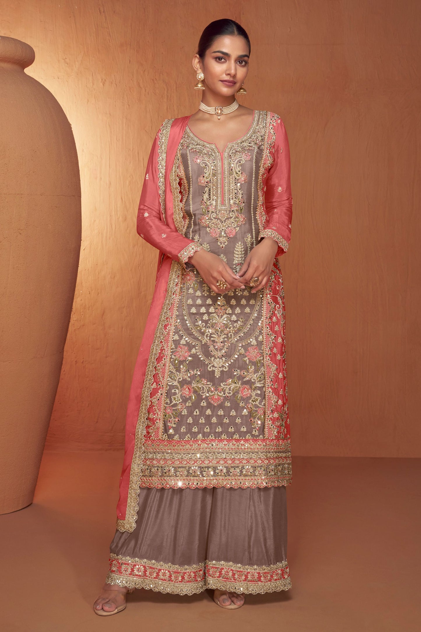 Grey Chinon Traditional Plazo Suits For Pakistani Festivals & Indian Wedding - Embroidery Work