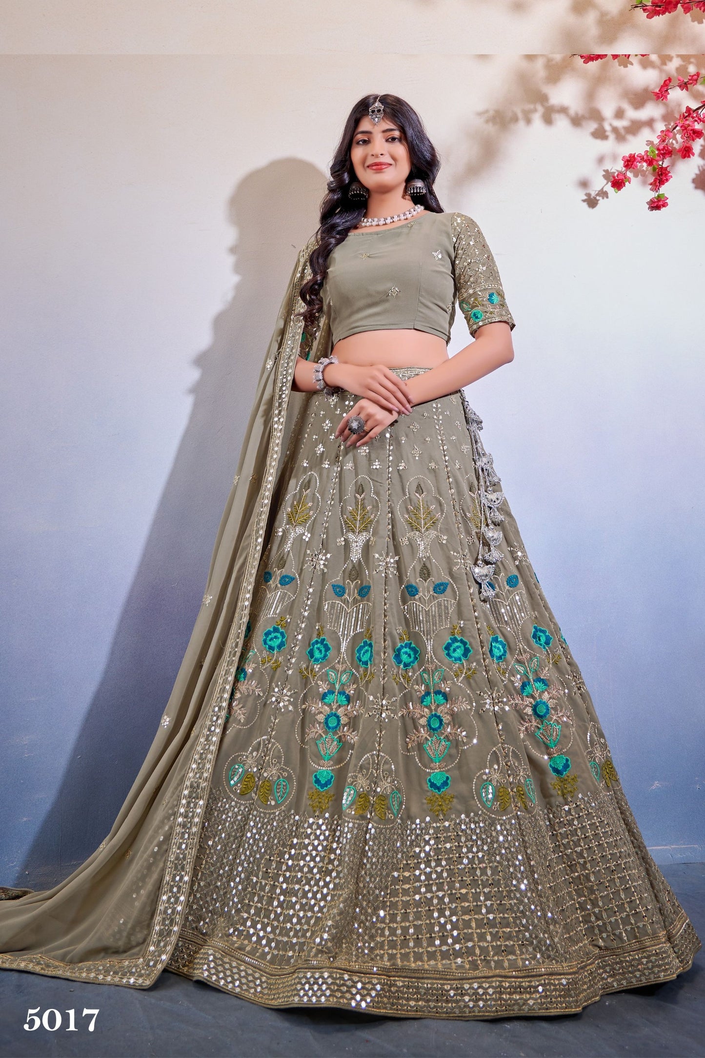 Dark Gray Georgette Flower Embroidered Lehenga Choli For Indian Festivals & Weddings - Sequence Embroidery Work