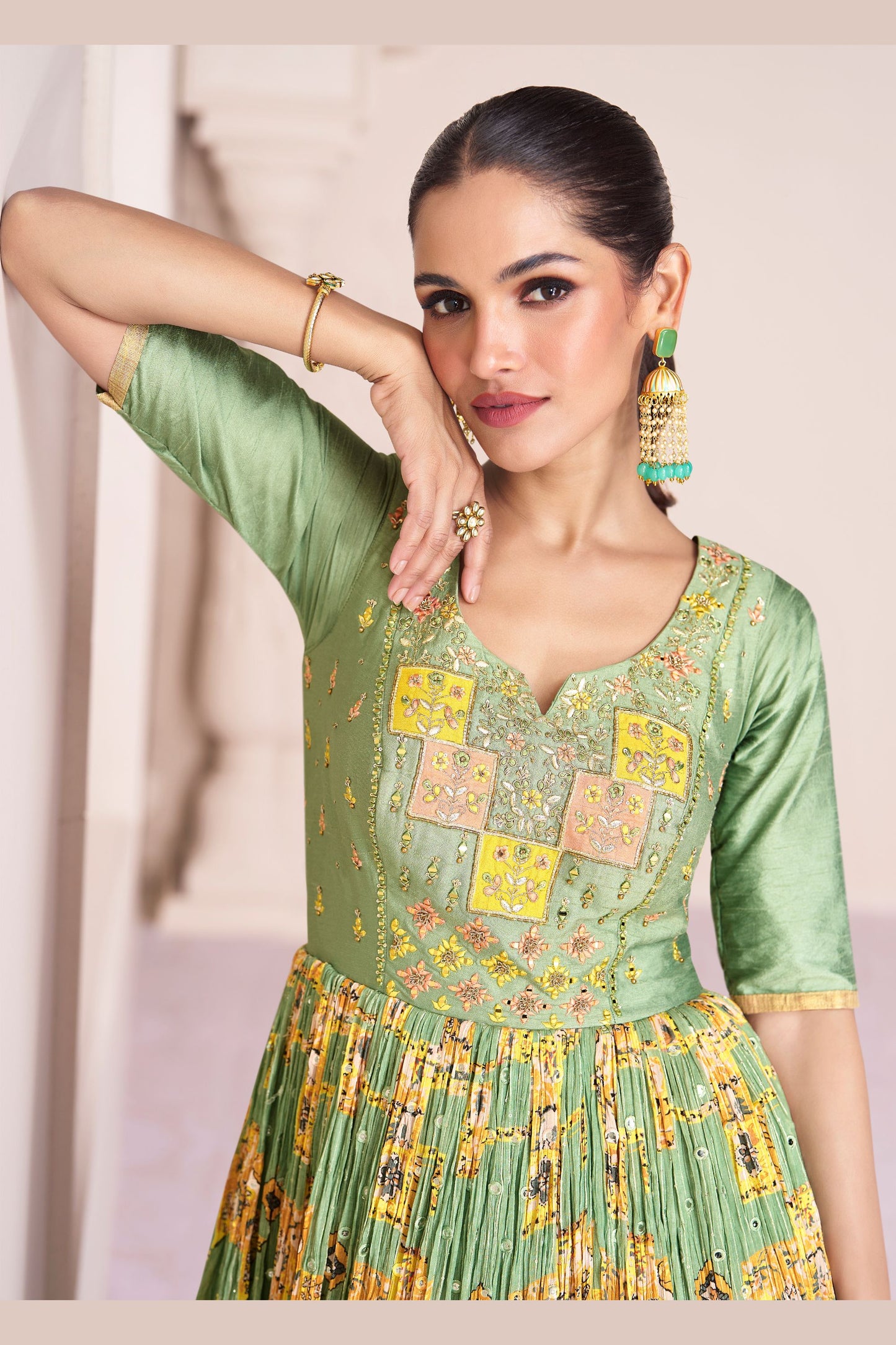 Light Green Georgette & Chinon Silk Anarkali Gown For Indian Festivals & Pakistani Weddings Dress - Embroidery Work, Print Work