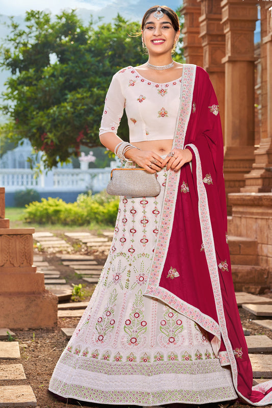 White Pakistani Georgette Lehenga Choli For Indian Festivals & Weddings - Thread Embroidery Work,