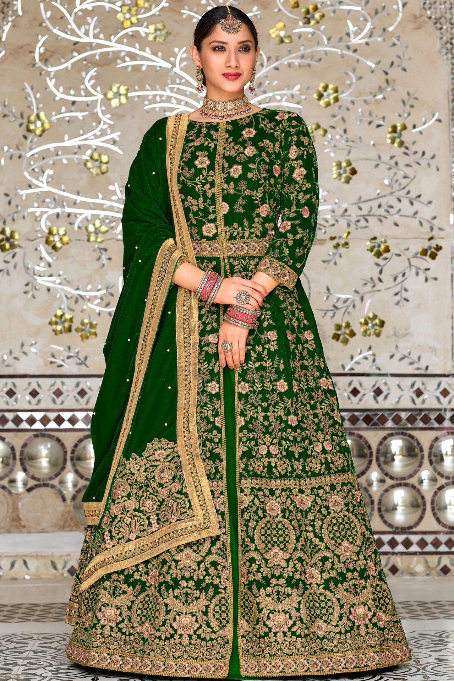 Green Pakistani Velvet Anarkali Gown For Indian Festivals & Weddings - Thread Embroidery Work,