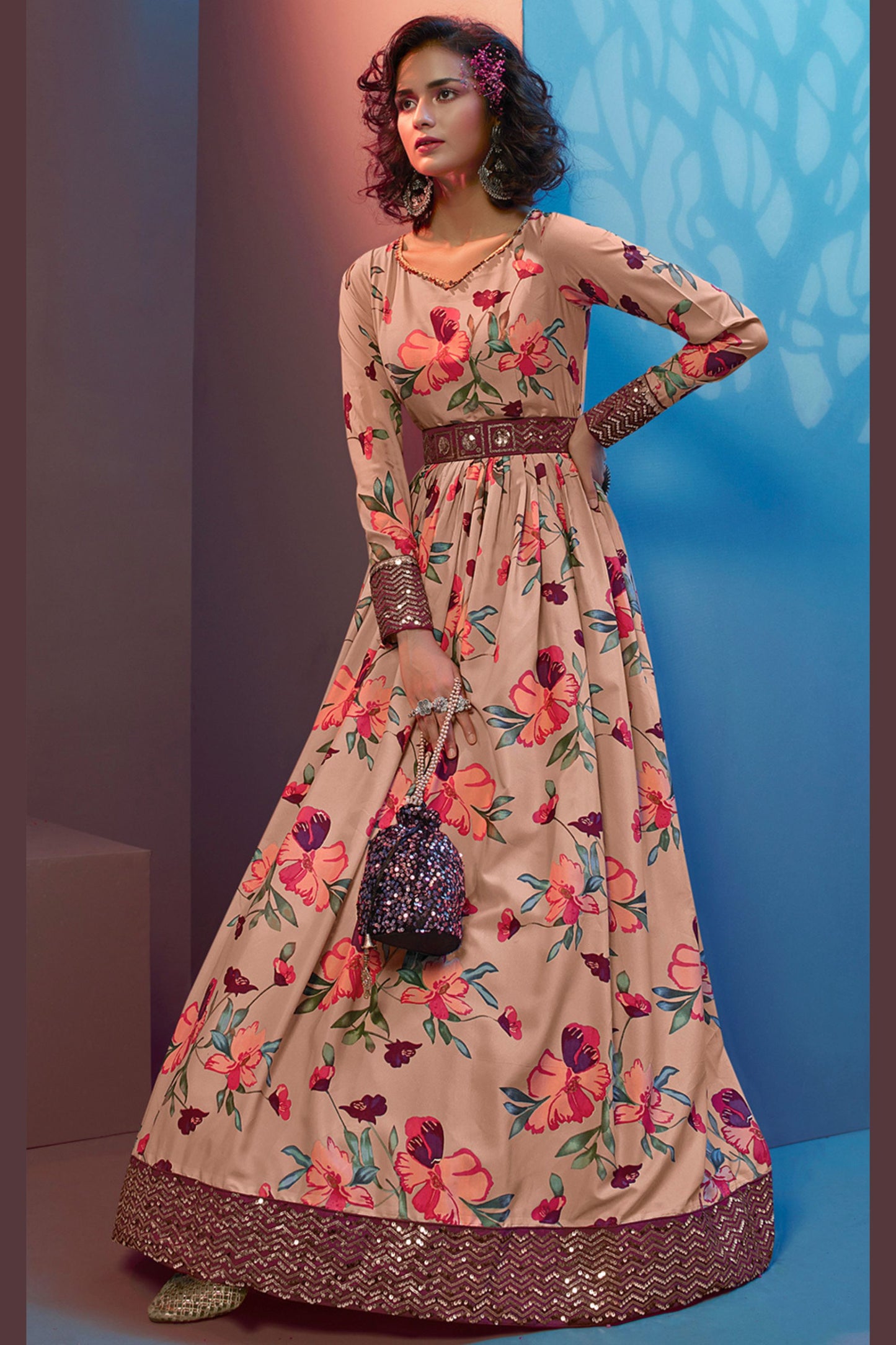 Peach Pakistani Crepe Partywear Gown For Indian Festivals & Weddings - Print Work, Sequence Embroidery Work,