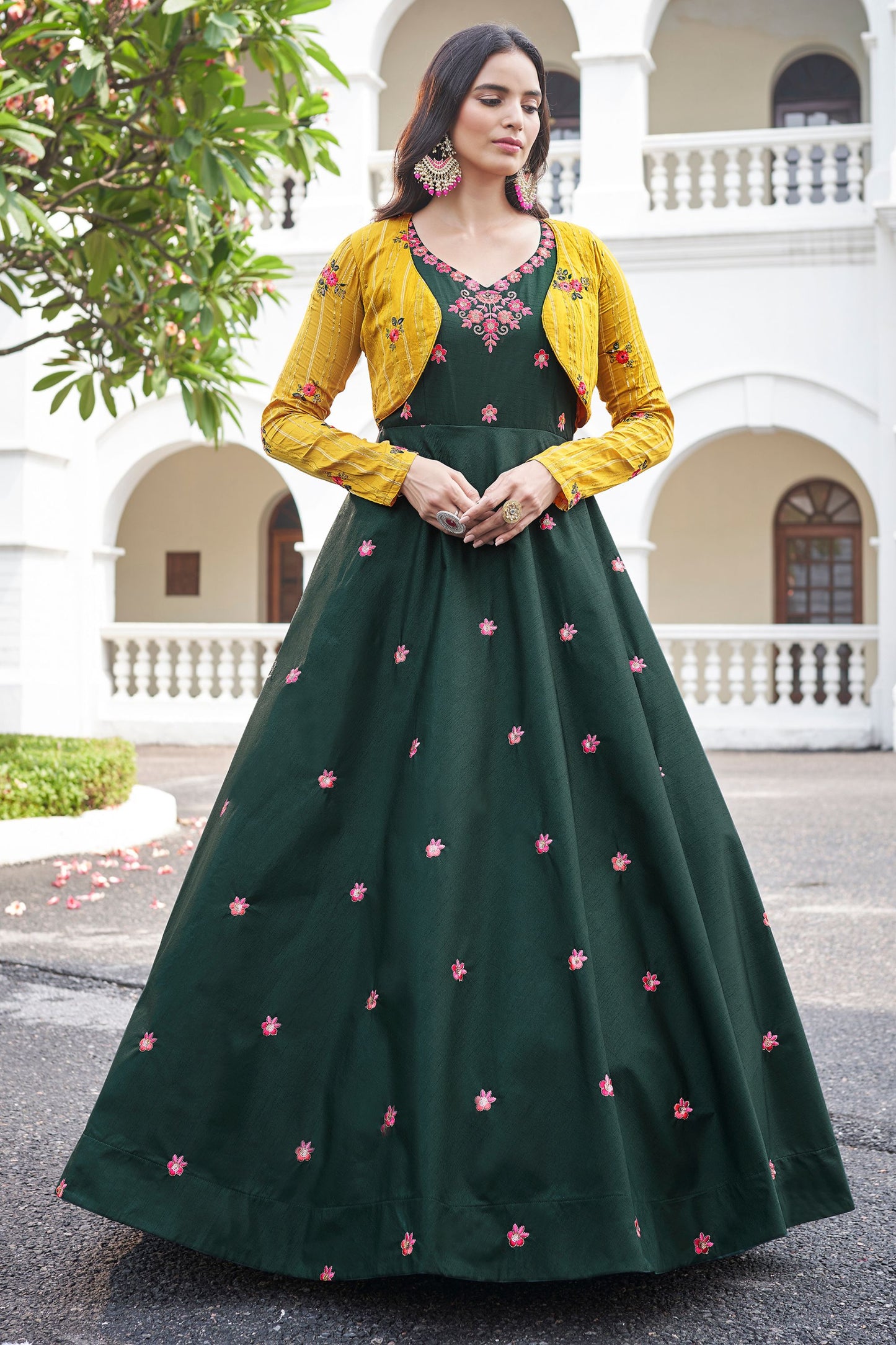 Green Cotton Pakistani Anarkali Suit For Indian Festivals & Weddings - Thread Work, Sequence Embroidery Work,