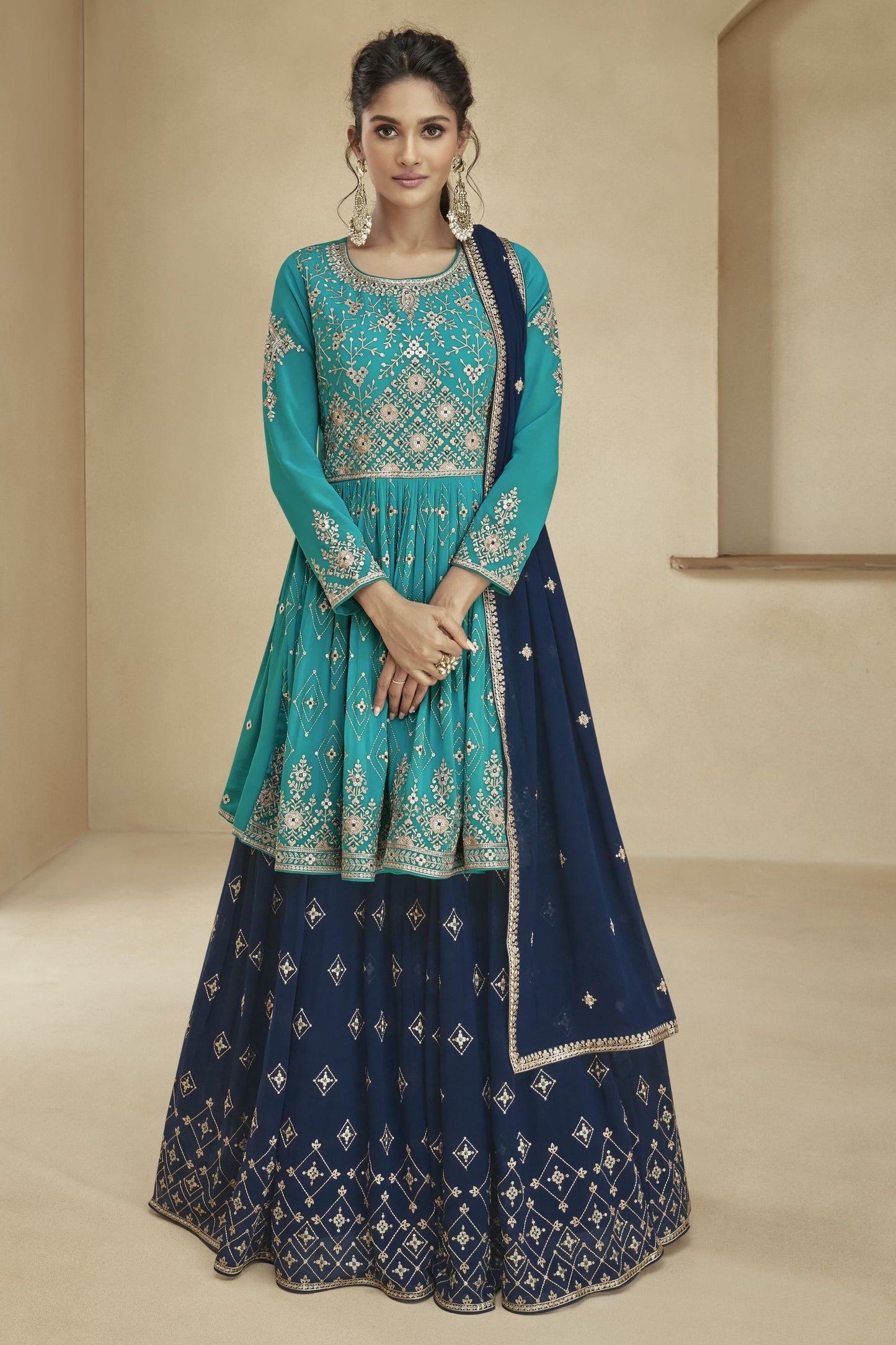 Teal Pakistani Georgette Salwar Kameez For Indian Festivals & Weddings - Thread Embroidery Work