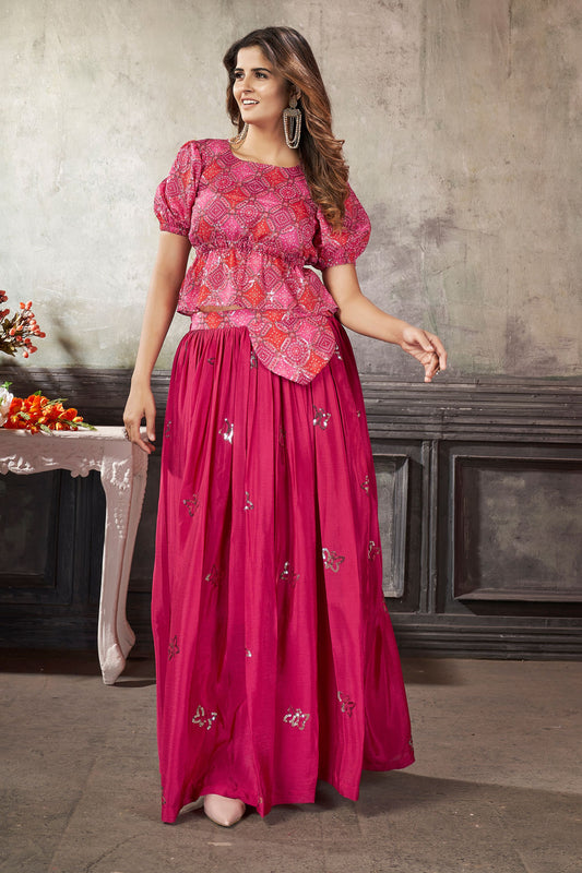 Pink Pakistani Art Silk Lehenga Choli For Indian Festivals & Weddings - Print Work, Thread Embroidery Work,